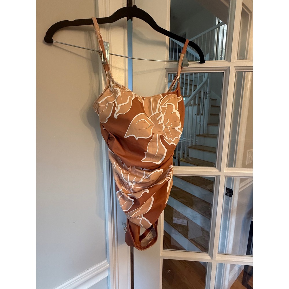 Hutch Women Floral Ruched One Piece Swimsuit Terracotta Orange White XS NWOT